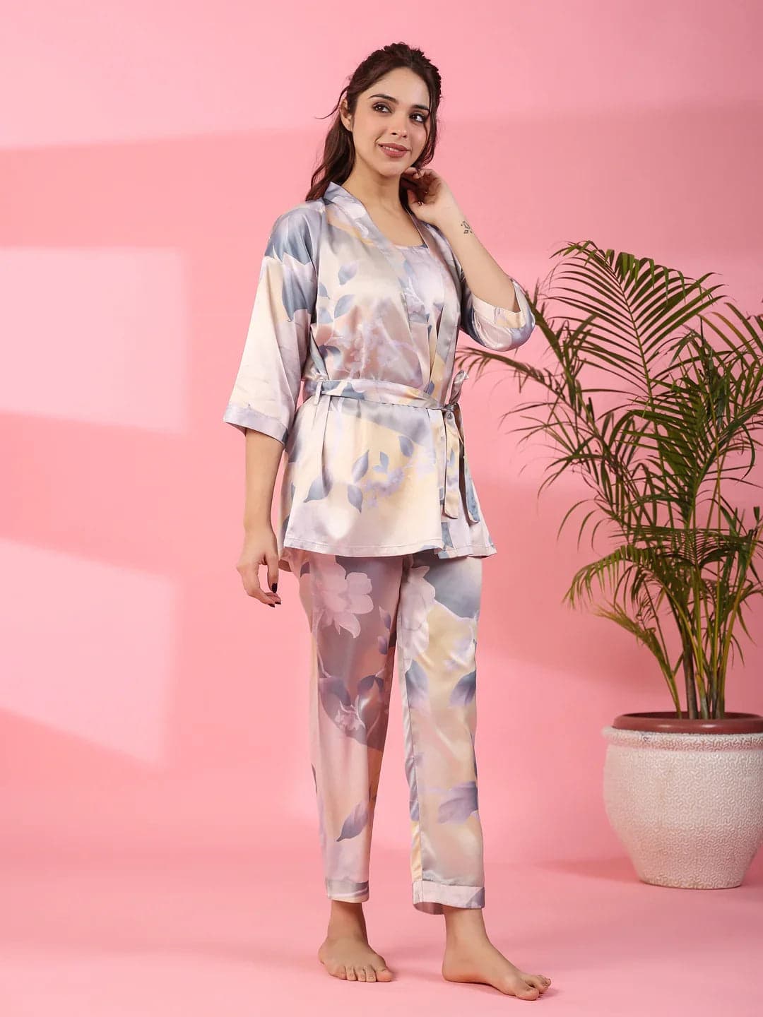 Kemigen Women's 3-Piece Poly Satin Night Suit