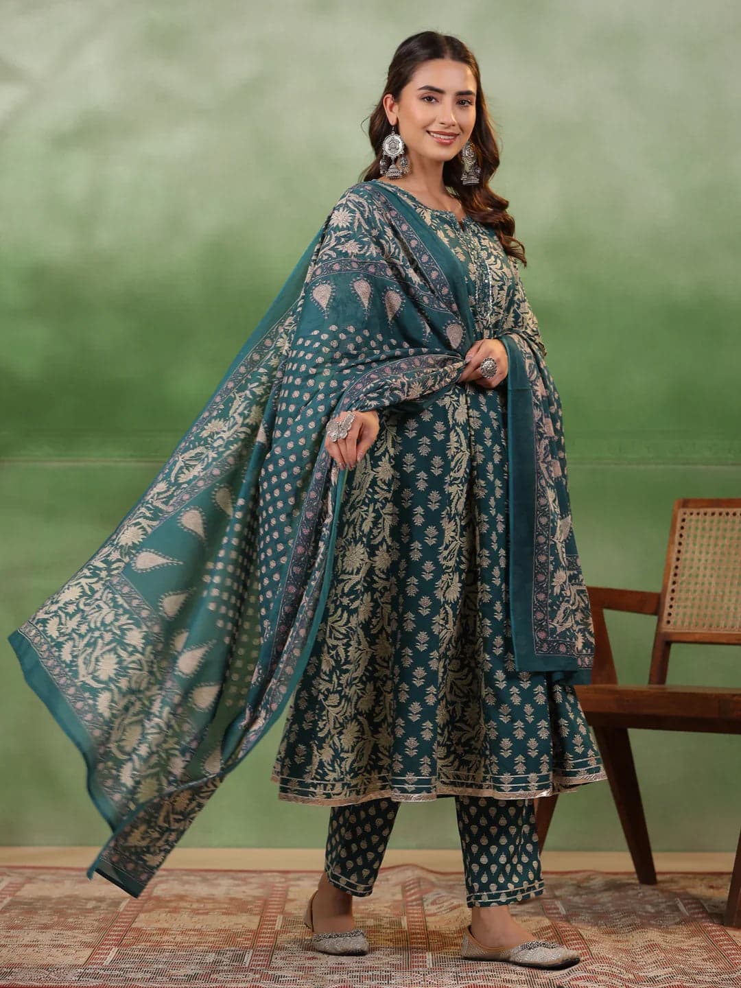 Kemigen Women's Set Of Pure Cotton 3 Pcs Teal Colour Flared Printed Kurta Sets