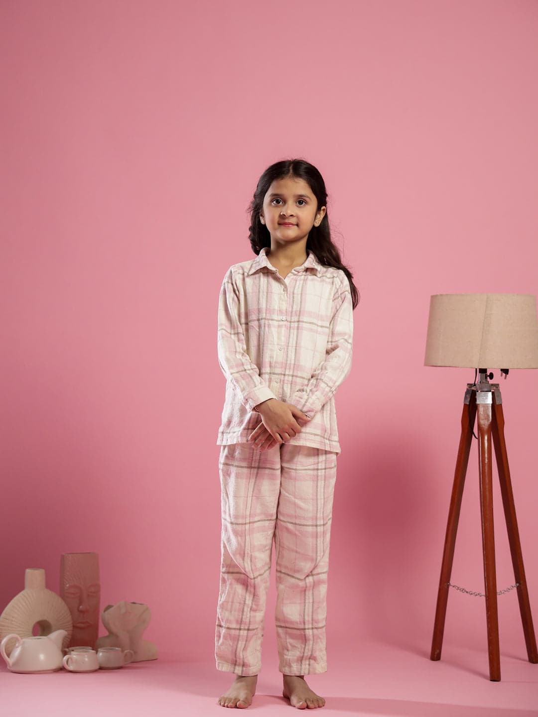 Kemigen Pink Checked Printed Cotton Winter Night Suit For Kids