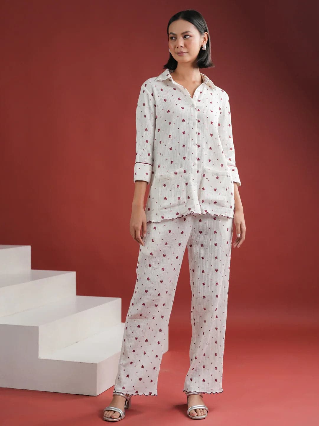 Kemigen White Heart Printed Cotton Night Suit Set