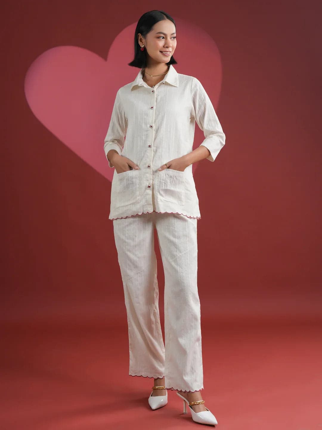 Kemigen White Solid Print Cotton Night Suit Set
