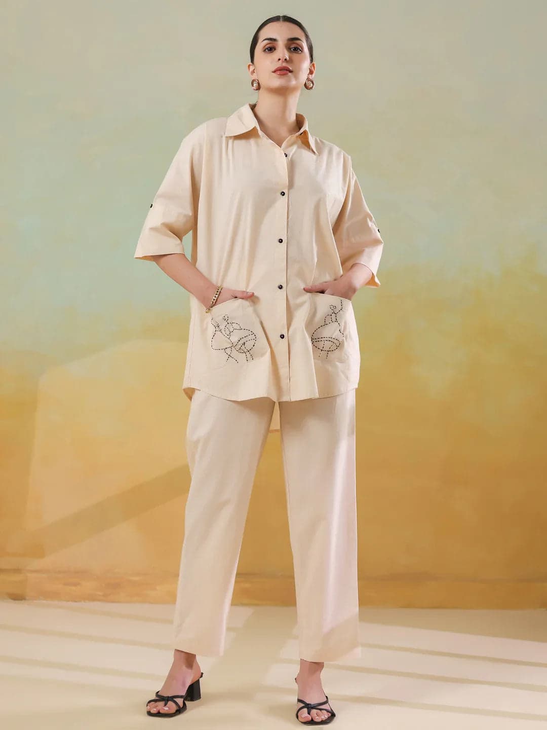 Kemigen Women's Cream Color Embroidered Co-Ord Set