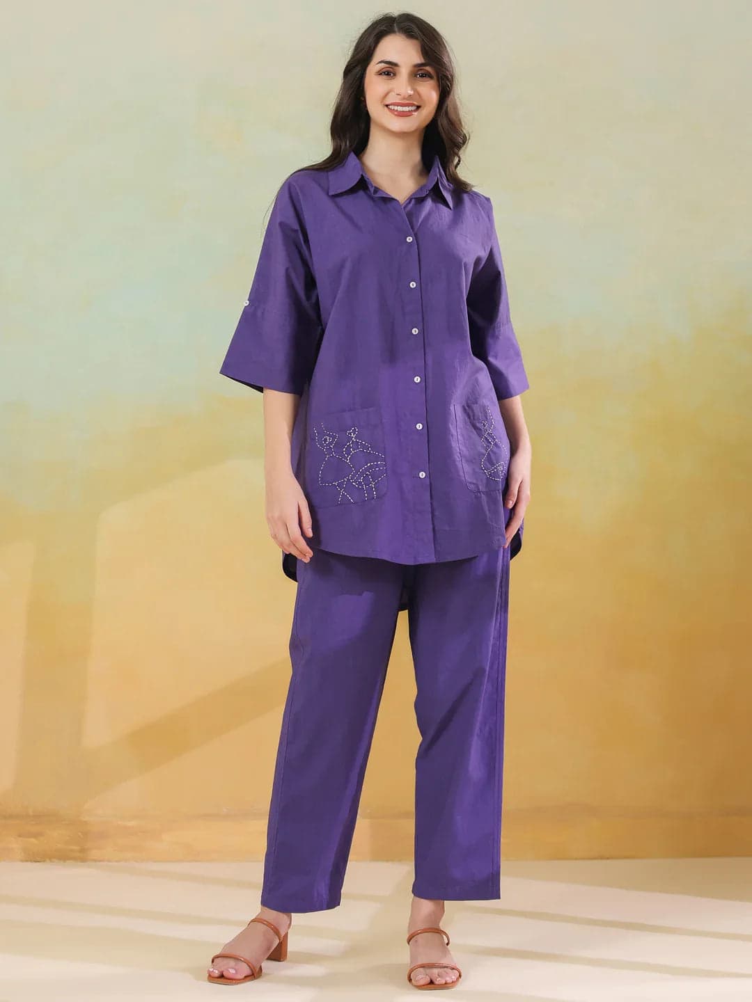 Kemigen Women's Purple Color Shirt Collar Pure Cotton Co-Ord Set