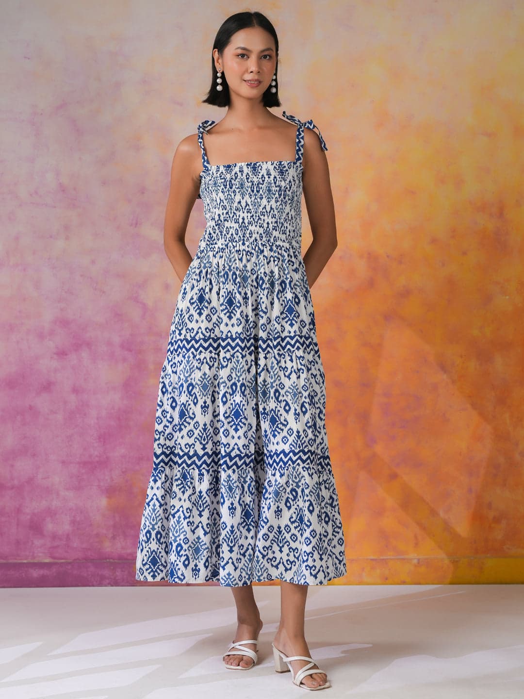 Kemigen Women's Blue Printed Square Neck Dress