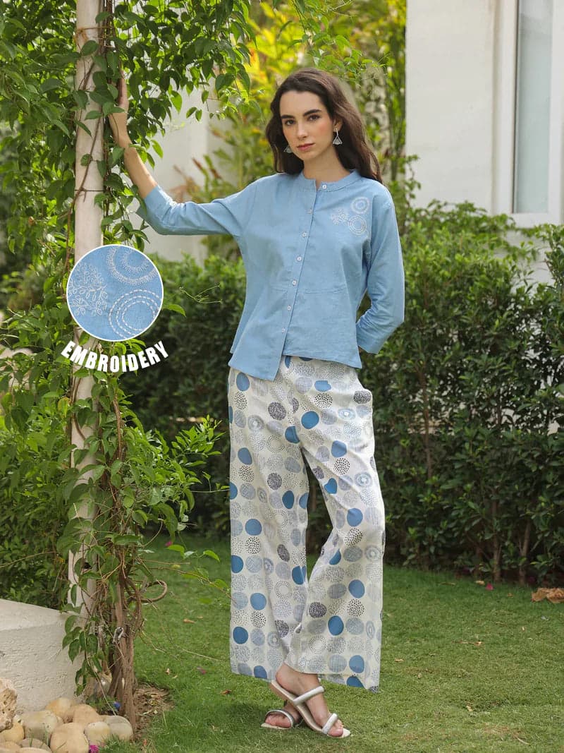 Kemigen Women's Blue Mandarin Collar Pure Cotton Shirt Dyed Co-Ord Set