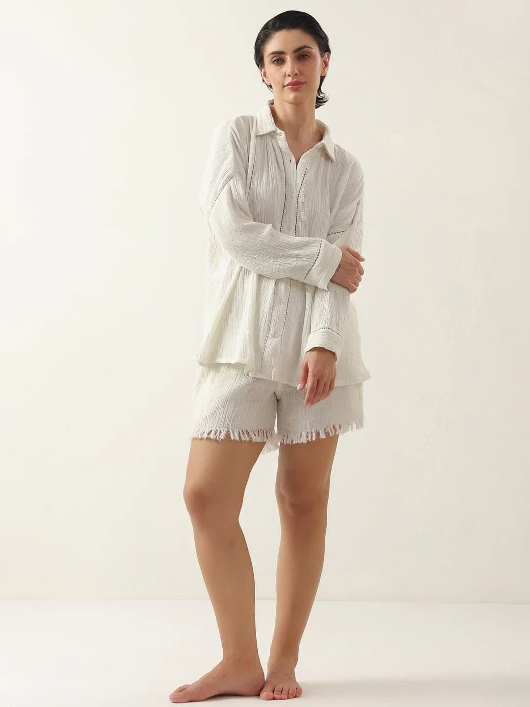Kemigen Women's White Pure Cotton Solid Night Suit