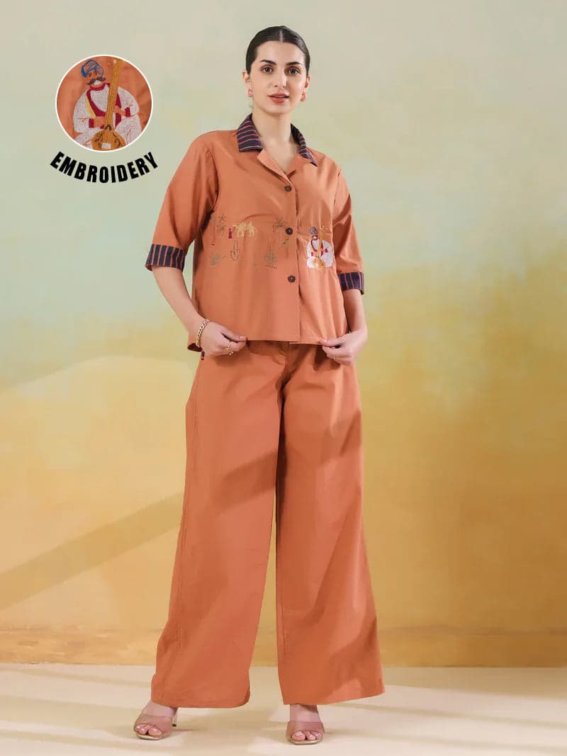 Kemigen Women's Brown Polyester Shirt Collar Co-Ord Set
