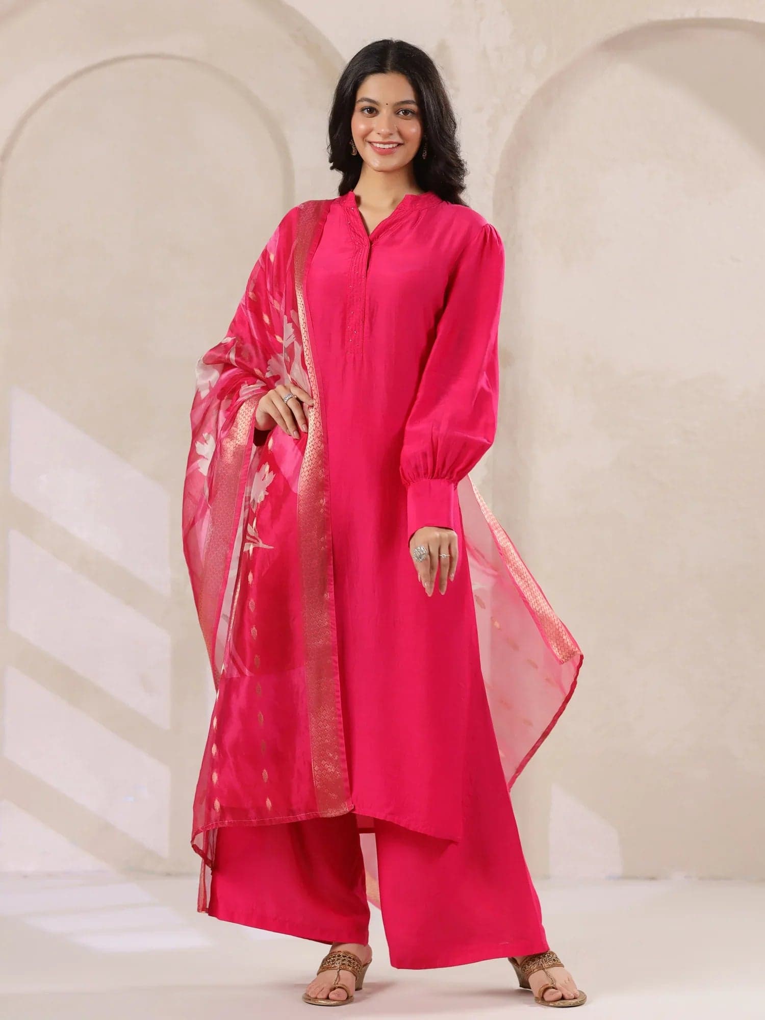 Kemigen Pink Straight Kurta With Palazzo Pants And Printed Dupatta